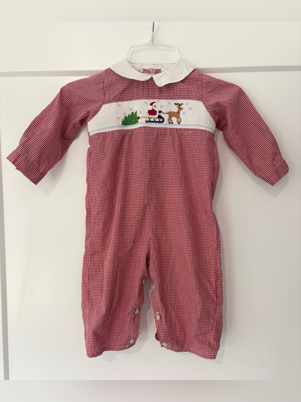 Smocked Giraffe Santa’s Sleigh Christmas Smocked Romper Jumpsuit 12m